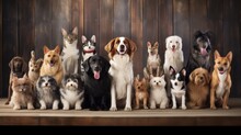Mix Breed Of Dogs And Cats Line Up Upon The Wall Background. Generative AI