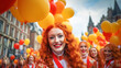 © Nataliia - Group of red-haired beauties in vibrant national costumes walk through city streets during the festival. Redhead Day. Banner. Generative Ai content