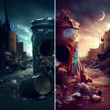 Outdoor Trash Bin Overflowing With Garbage At Night. Composite Illustration. 3d Digital Art.