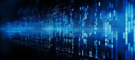 Blue digital binary data on computer screen background. Banner.