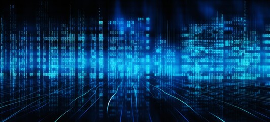 Blue digital binary data on computer screen background. Banner.