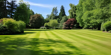 Beautiful And Large Manicured Lawn Surrounded By Trees And Bushes On A Bright Summer Day  . Tranquil Summer Scene Vast Manicured Lawn And Leafy Trees