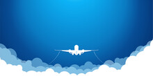 White Plane In The Blue Sky Rises Flying Above The Clouds. Vector Background Template