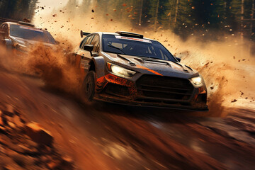Wall Mural - Dirt racing, rally car riding on high speed at the dirt road in the woods