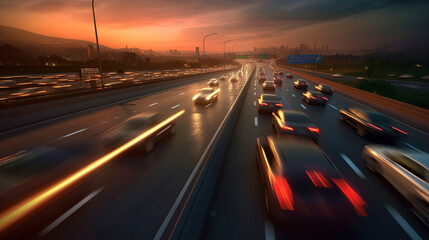 Wall Mural - Traffic at the multiple lane highway at sunset, long exposure, blurred motion