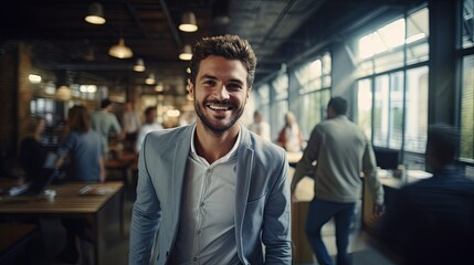smiling casual businessman walking with cheerful motion laugh happiness in modern office interior background,ai generate