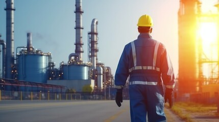 Back view of a worker in the oil refinery