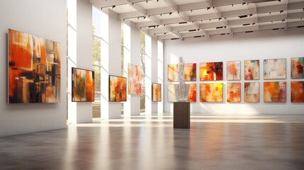 Wall Mural - An art gallery with beautiful paintings displayed on minimalist white walls.