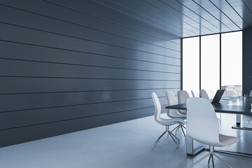 Poster - Clean blue plank conference room interior with table, chairs and panoramic window with city view. 3D Rendering.