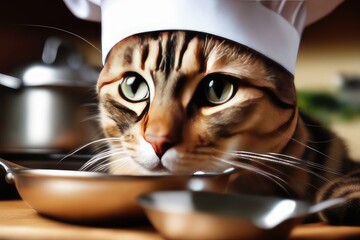 cat as chef preparing food in kitchen