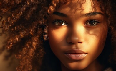 Wall Mural - Beautiful african american woman with afro hairstyle, fashion and makeup, portrait photo with golden light shining, diverse cultural black woman