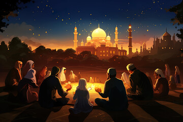 Wall Mural - Illustration of the atmosphere of Ramadan nights, with a mosque, families and individuals