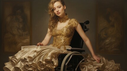 A woman in a dress sitting in a wheelchair