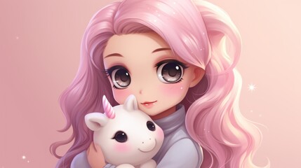 Wall Mural - A girl with pink hair holding a white unicorn