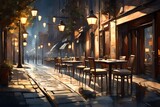 Fototapeta Fototapeta Londyn - a painting of a city street with tables, chairs and lamps 3d render