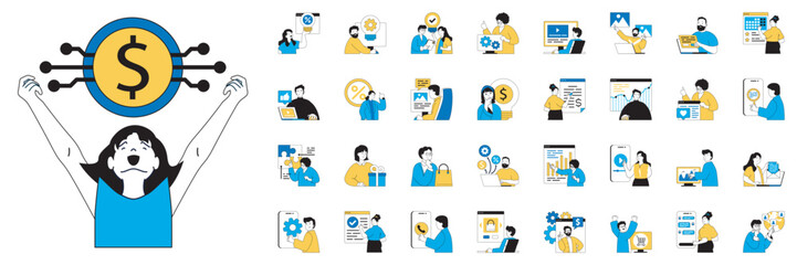 Digital business concept with character situations mega set. Bundle of scenes people developing e-business and e-commerce, creating digital content and other. Vector illustrations in flat web design