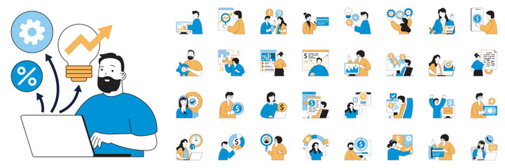 Fototapete - Business and finance concept with character situations mega set. Bundle of scenes people analyzing data, discussing strategy, get financial growth and other. Vector illustrations in flat web design