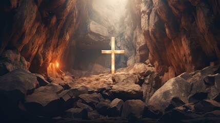 Wooden Christian cross shining light  from the view of dark cave 