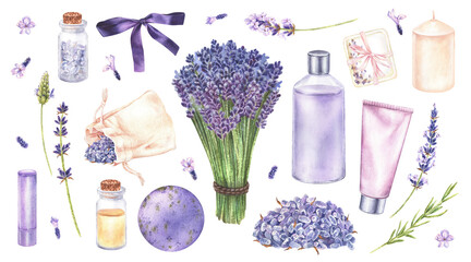 Lavender Cosmetics and flowers Set. Watercolor botanical illustration of purple herbal bouquet. Hand drawn clipart bundle on isolated background. Drawing of pastel sticker pack floral beauty products