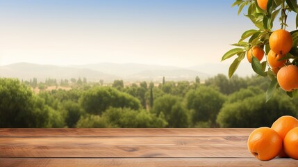 Wall Mural - Spacious wood table surrounded by lush orange trees - perfect for product display and montage