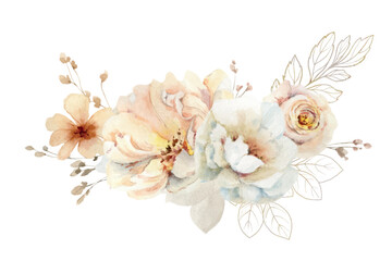 Wall Mural - Watercolor vector wreath with flowers and leaves isolated on a white background.
