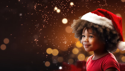 Wall Mural - cute little girl with curly afro hair holding her gift box near Christmas tree in the evening