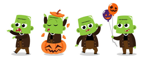 Set of cute Frankenstein . Halloween cartoon characters . Vector.