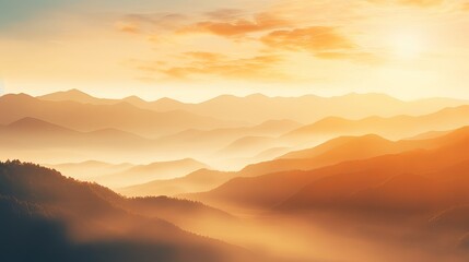 Wall Mural - Sunlit mountain fog: blurred misty waves, warm colors, and bright sunlight. festive sky in orange hues with abstract evening flare on clouds