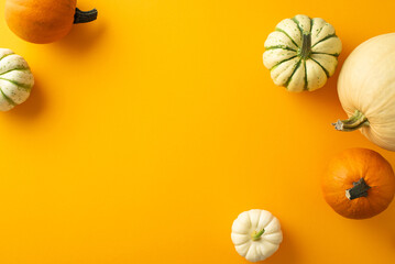 Wall Mural - Harvest season showcase: Overhead glimpse of pumpkins, gourd, pattipans against an orange background, offering room for text or adverts