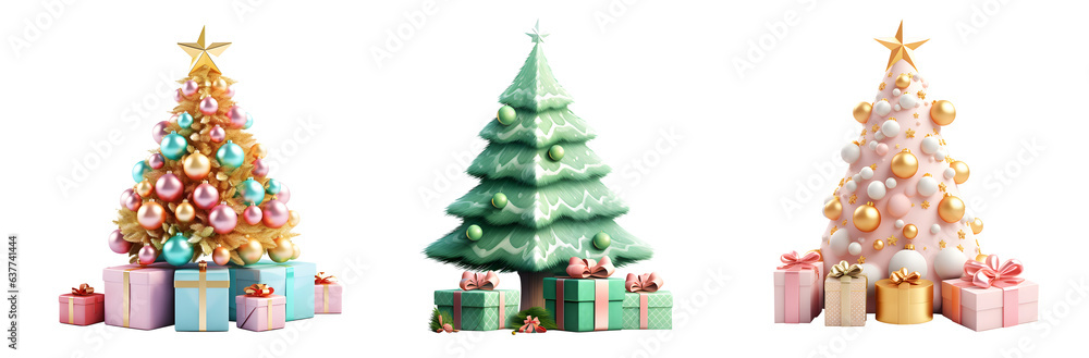 Set of 3D minimal Christmas trees with gift boxes decorations elements ...