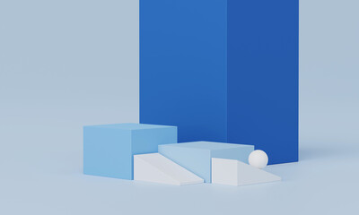 Wall Mural - 3d render, Minimal blue color empty podium platform background for mock up, pedestal for product or cosmetic showing scene, blue pastel and cold colorful tone, abstract geometric studio.