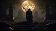 © Ameer - Silhouette of kneeling male elven fighter by gravestone in medieval fantasy setting - epic moonlit scene