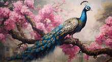 A Painting Of A Peacock Sitting On A Tree Branch With Pink Flowers In The Background And A Bird Flying By.  Generative Ai