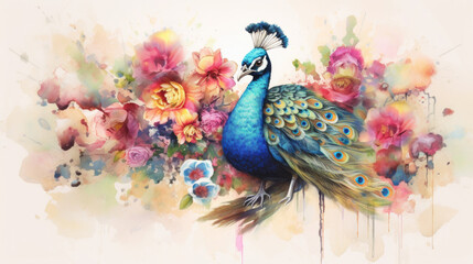 A peacock, Watercolor peacock with flowers. Generative Ai