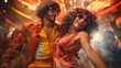 Funky couple in 70s fashion grooving at a disco. Orange hues