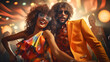 Funky couple in 70s fashion grooving and posing to camera at a disco