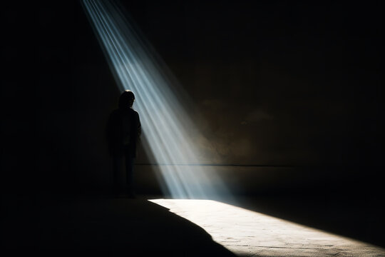 a figure shrouded in darkness, but a slender ray of light offers a hint of hope, capturing the dual 