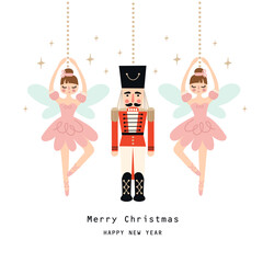 Wall Mural - Nutcracker ballet Christmas card and girl ballerina. Vector illustration.