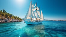 Sailboat Sailing Through The Sea With An Island And A Clear Blue Sky On The Background. Large Sailing Yacht Cruising On A Bright Sunny Day With Still Light Blue Water. Sailing Ship In Clear Water.