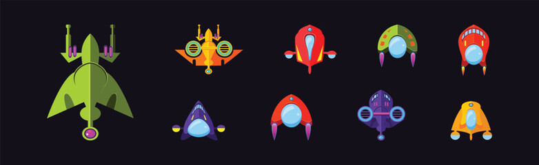 Sticker - Bright Alien Spaceship Game Icons on Dark Background Vector Set