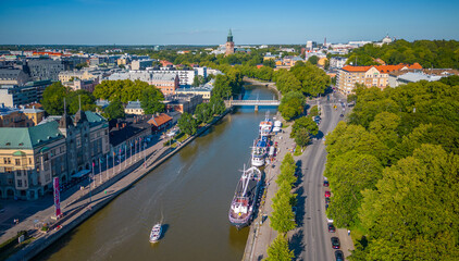 Sticker -  Turku river, boats and Cathedral in Finland