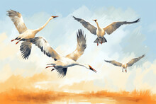  Flock Of Cranes Painting, Crane Background Design, Watercolor Style