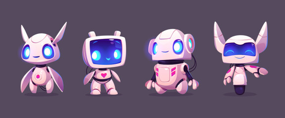 Cute ai robot evolution mascot cartoon vector set. Digital modern computer bot design icon isolated. Artificial intelligence mechanical companion friend for communication and education in internet.