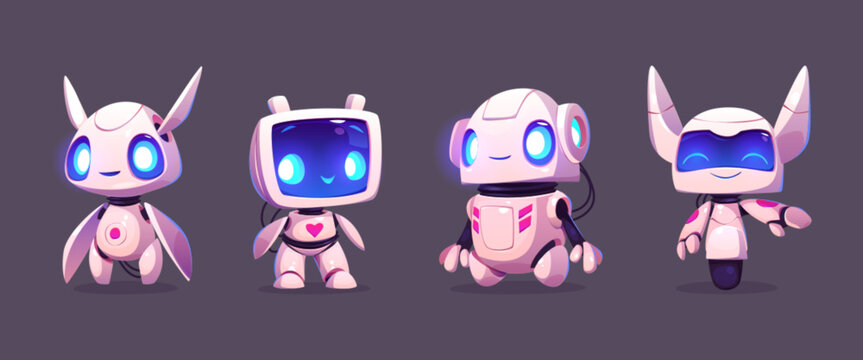 cute ai robot evolution mascot cartoon vector set. digital modern computer bot design icon isolated.