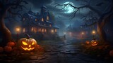 Fototapeta  - Halloween background with pumpkins and haunted house - 3D render. Halloween background with Evil Pumpkin. Spooky scary dark Night forrest. Holiday event halloween banner background concept	
