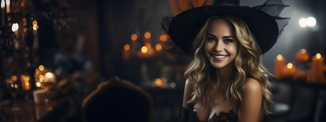 Wall Mural - Halloween witch. Beautiful young blonde woman in black lingerie and witch hat at Halloween party	