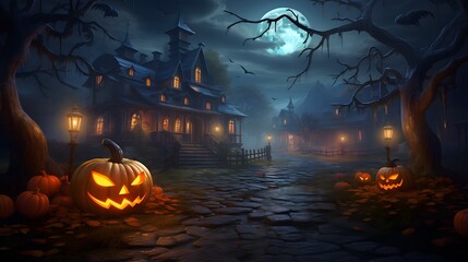 Wall Mural - Halloween background with pumpkins and haunted house - 3D render. Halloween background with Evil Pumpkin. Spooky scary dark Night forrest. Holiday event halloween banner background concept	

