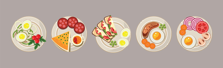 Canvas Print - Breakfast Food and Meal Served on Plate Vector Set