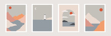 Retro Abstract Sea Landscape Prints, Nature Posters, Minimalist Mountain Landscape Wall Art, Lighthouse, Vector Illustration