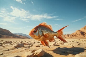 Surrealism fish is swimming in the desert with no water around. Generative AI.